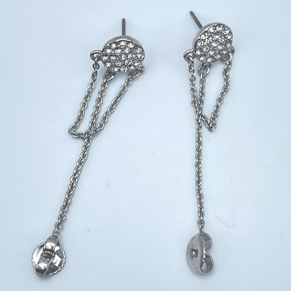 Vintage 80s Silver Tone Rolo Chain Pavé Rhinestone Linear Dangle Drop Earrings